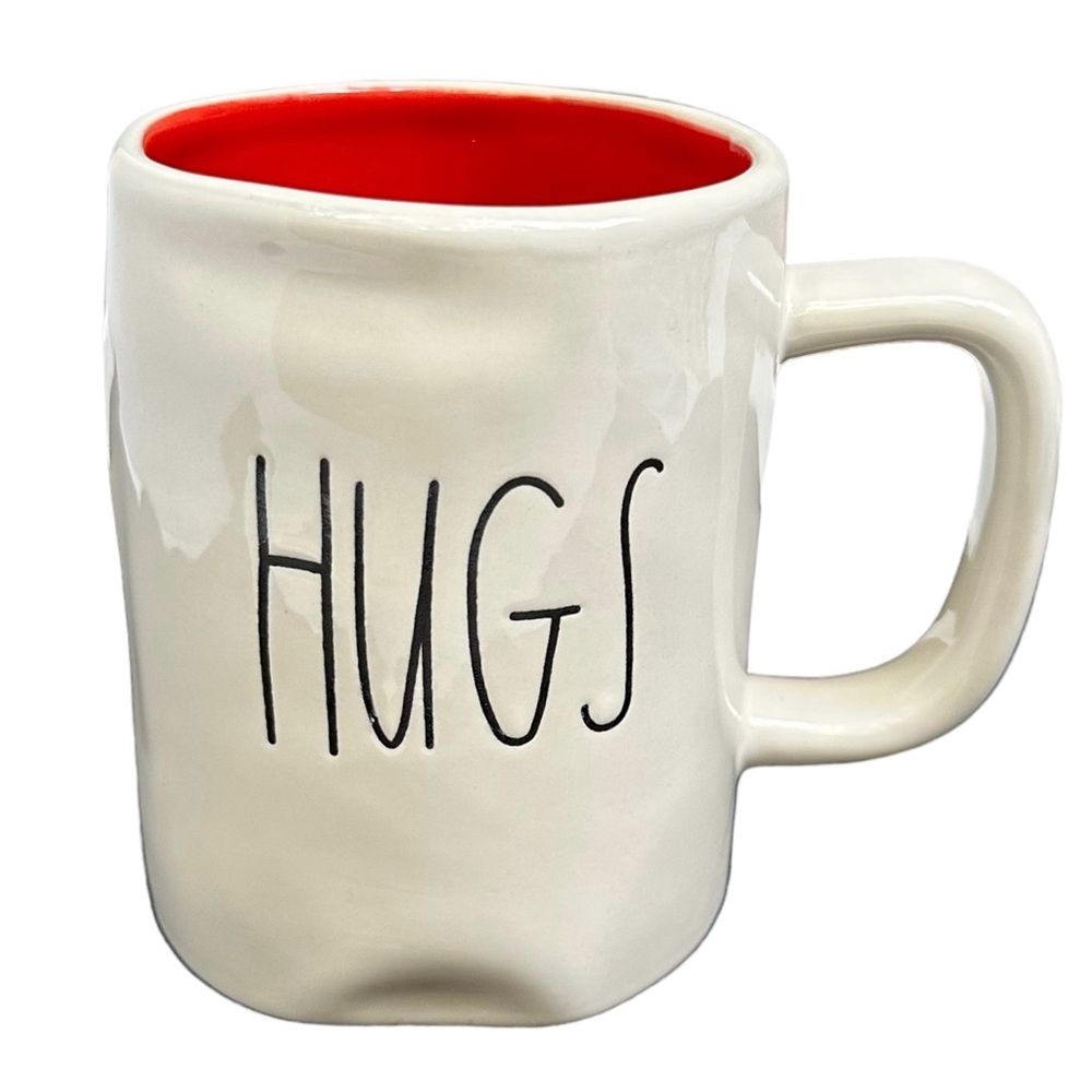 Rae Dunn HUGS Mug White Red Interior Black Large Letters Ceramic NWT Dimples OG